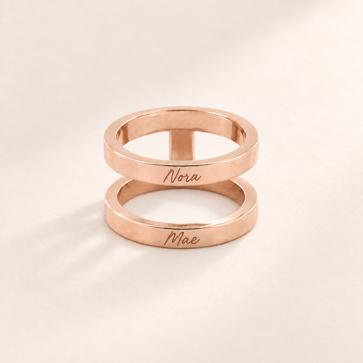 Custom Thin Double Ring rose gold hero photo - double band ring with handwritten Nora and Mae Anthology Jewelry