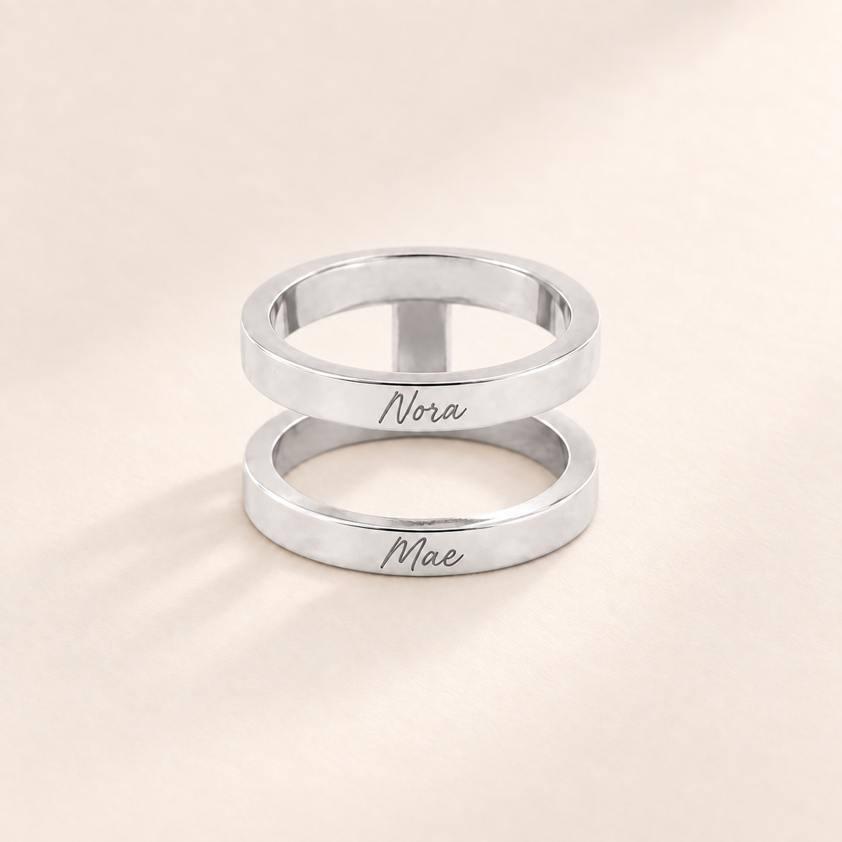 Custom Thin Double Ring silver hero photo - double band ring with handwritten Nora and Mae Anthology Jewelry