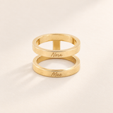 Custom Thin Double Ring hero photo - gold double band ring with handwritten Nora and Mae Anthology Jewelry