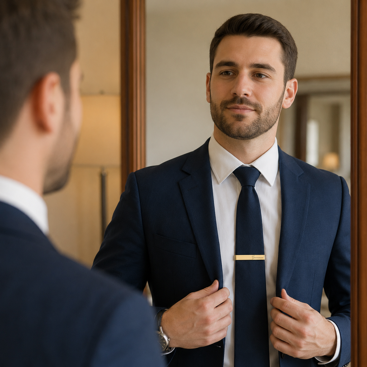 Man wearing a custom engraved tie clip on a suit