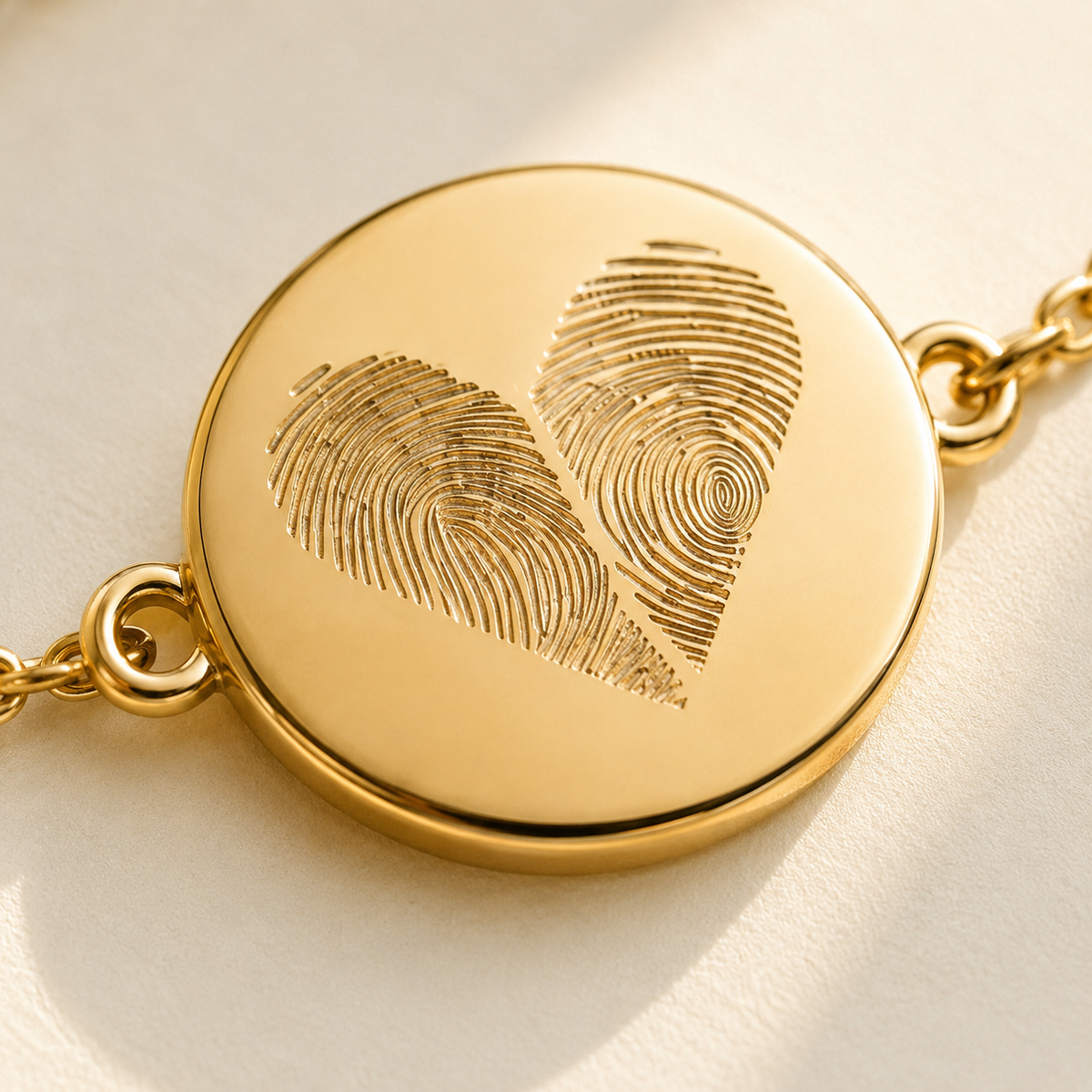 Custom Two Fingerprint Heart Bracelet detail photo - close-up of two fingerprints engraved in a heart on gold disc Anthology Jewelry