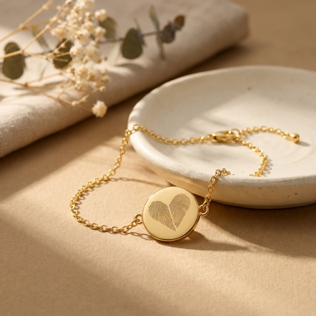 Custom Two Fingerprint Heart Bracelet glamour photo - gold bracelet styled on ceramic dish Anthology Jewelry