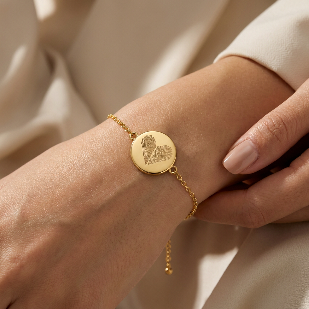 Custom Two Fingerprint Heart Bracelet lifestyle photo - gold disc bracelet worn on a woman's wrist Anthology Jewelry