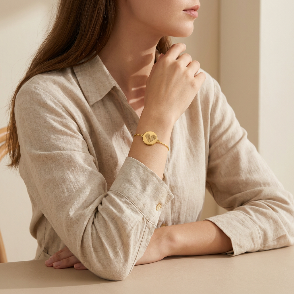 Custom Two Fingerprint Heart Bracelet lifestyle photo - gold bracelet worn with linen shirt Anthology Jewelry