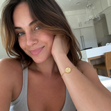 Custom Two Fingerprint Heart Bracelet UGC photo - gold bracelet worn in a candid selfie Anthology Jewelry