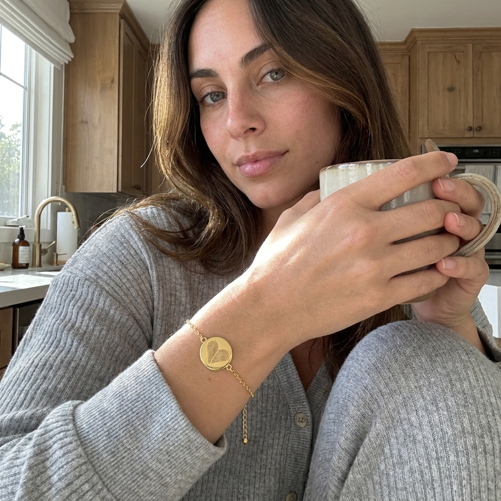 Custom Two Fingerprint Heart Bracelet UGC photo - gold bracelet worn at home with coffee Anthology Jewelry