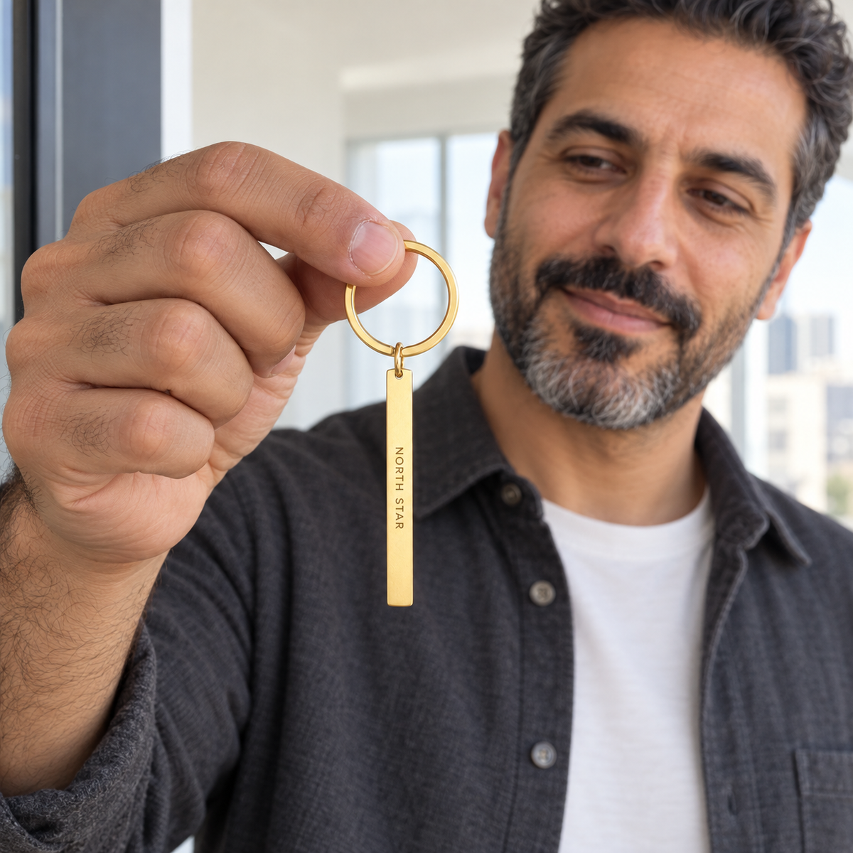 Man holding a gold custom vertical bar keychain
