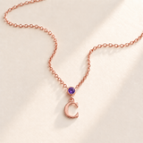 Custom Vertical Birthstone Initial Necklace february rose gold birthstone photo - round inline stone with hanging serif C Anthology Jewelry