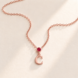 Custom Vertical Birthstone Initial Necklace july rose gold birthstone photo - round inline stone with hanging serif C Anthology Jewelry