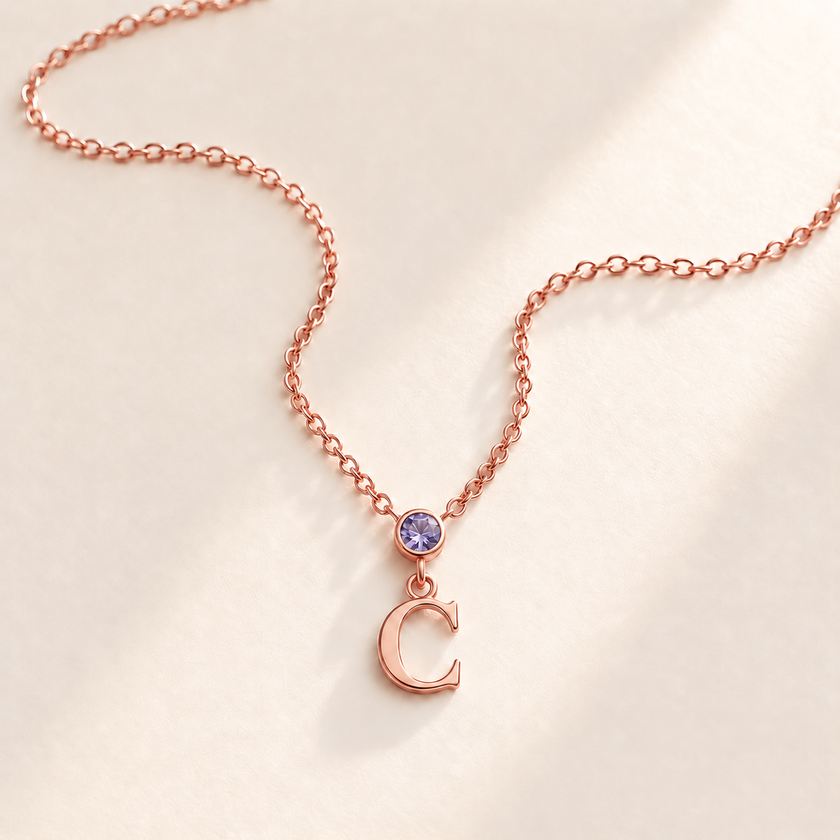 Custom Vertical Birthstone Initial Necklace june rose gold birthstone photo - round inline stone with hanging serif C Anthology Jewelry