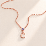 Custom Vertical Birthstone Initial Necklace june rose gold birthstone photo - round inline stone with hanging serif C Anthology Jewelry