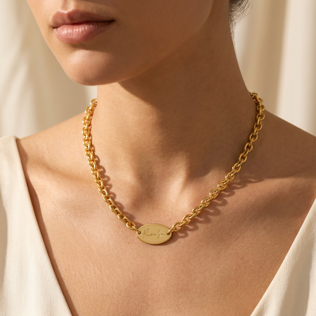 Custom Vintage Link Necklace lifestyle photo - worn engraved vintage chain necklace Anthology Jewelry