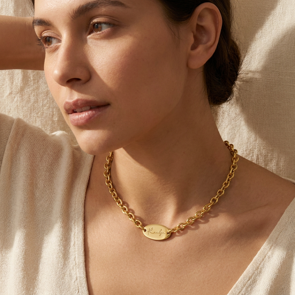 Custom Vintage Link Necklace worn lifestyle photo - engraved vintage chain necklace Anthology Jewelry