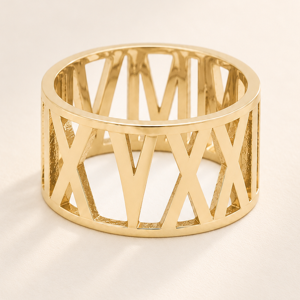 Custom Wide Cut Out Ring detail photo - close view of gold openwork Roman numeral construction Anthology Jewelry