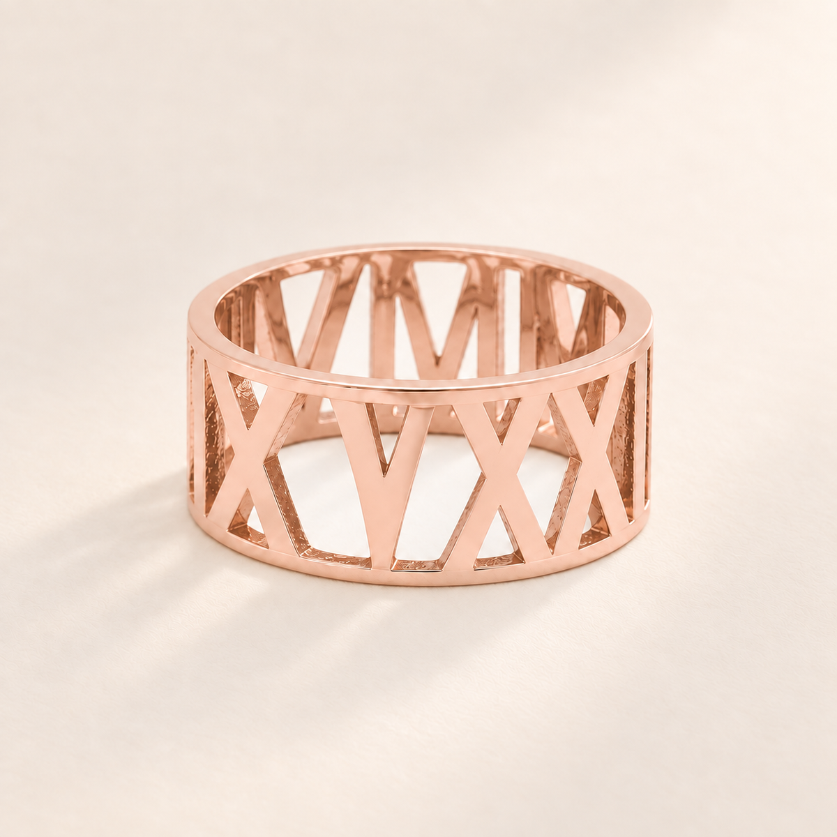 Custom Wide Cut Out Ring rose gold hero photo - 11 mm openwork Roman numeral band Anthology Jewelry