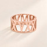 Custom Wide Cut Out Ring rose gold hero photo - 11 mm openwork Roman numeral band Anthology Jewelry