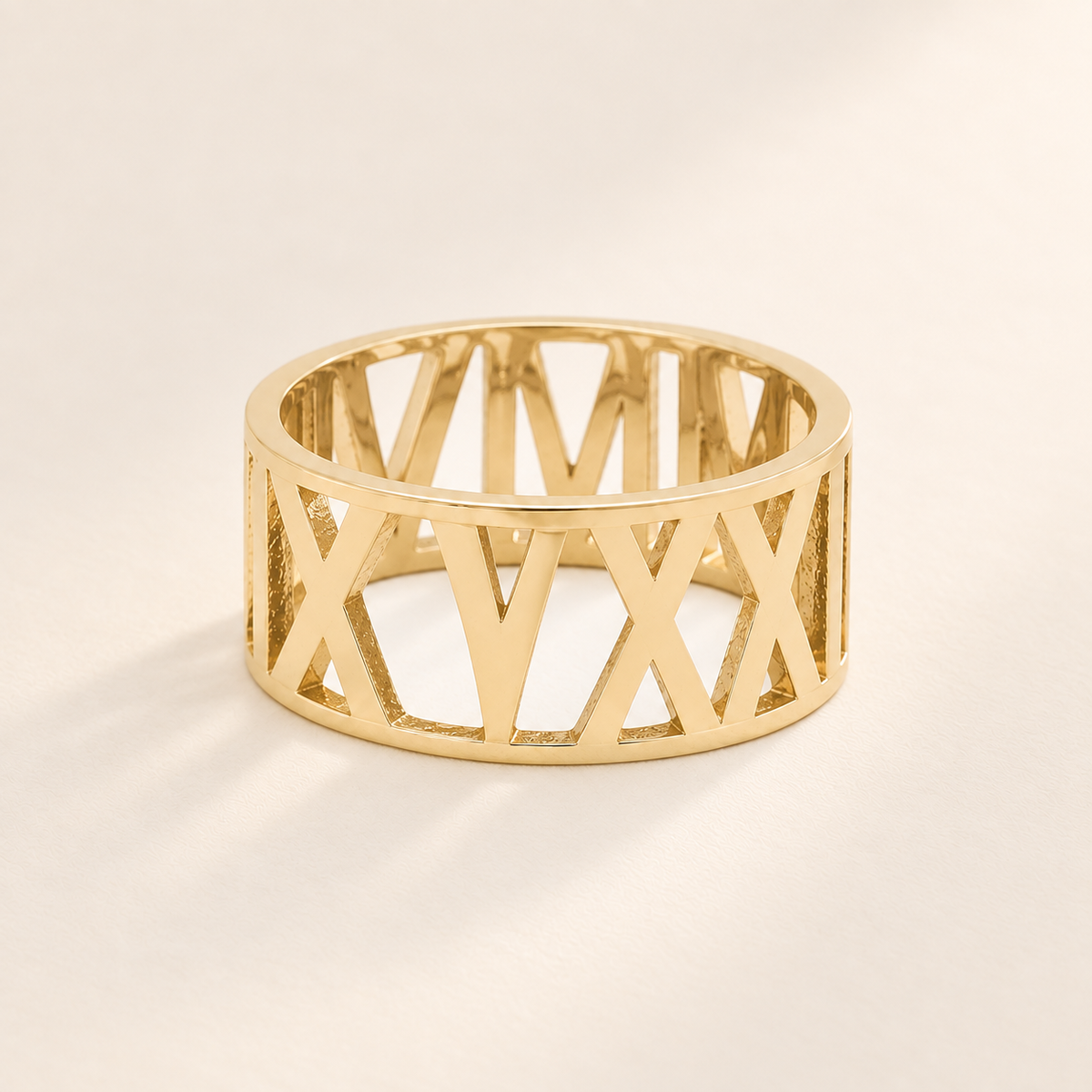 Custom Wide Cut Out Ring hero photo - gold 11 mm openwork Roman numeral band Anthology Jewelry