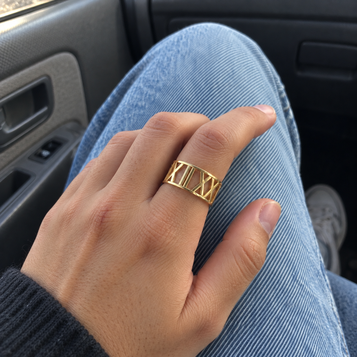 Custom Wide Cut Out Ring UGC photo - gold openwork band worn in parked car Anthology Jewelry