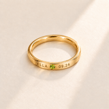 Custom Date & Name Birthstone Stacking Ring, August Peridot, Gold finish. Illustrative product rendering; natural gemstone colors may vary.