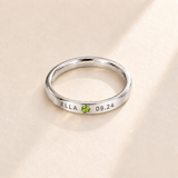 Custom Date & Name Birthstone Stacking Ring, August Peridot, Silver finish. Illustrative product rendering; natural gemstone colors may vary.