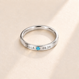 Custom Date & Name Birthstone Stacking Ring, December Blue Topaz, Silver finish. Illustrative product rendering; natural gemstone colors may vary.
