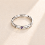 Custom Date & Name Birthstone Stacking Ring, February Amethyst, Silver finish. Illustrative product rendering; natural gemstone colors may vary.