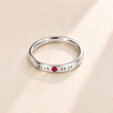Custom Date & Name Birthstone Stacking Ring, July Ruby, Silver finish. Illustrative product rendering; natural gemstone colors may vary.