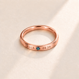 Custom Date & Name Birthstone Stacking Ring, June Alexandrite, Rose Gold finish. Illustrative product rendering; natural gemstone colors may vary.