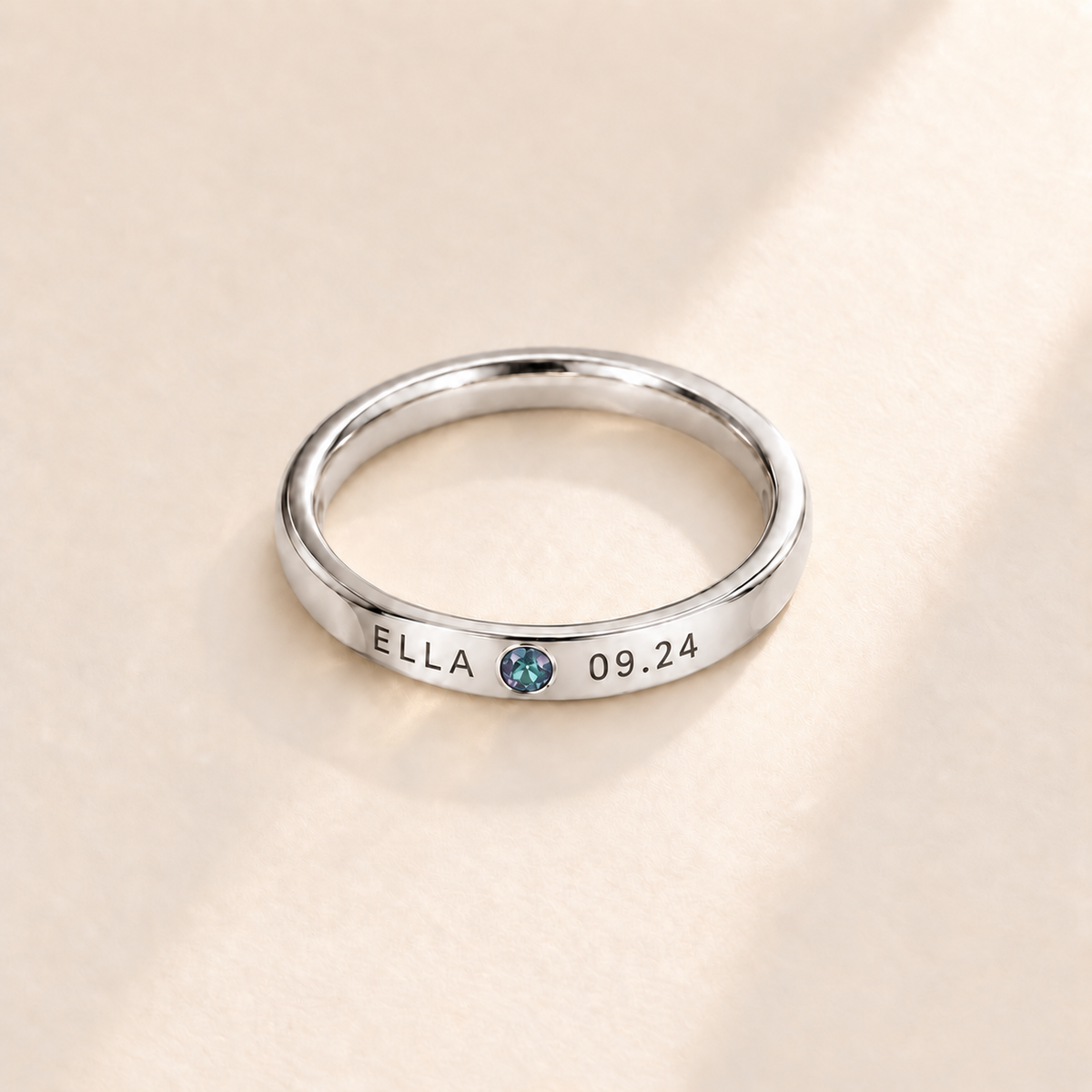 Custom Date & Name Birthstone Stacking Ring, June Alexandrite, Silver finish. Illustrative product rendering; natural gemstone colors may vary.