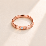 Custom Date & Name Birthstone Stacking Ring, March Aquamarine, Rose Gold finish. Illustrative product rendering; natural gemstone colors may vary.
