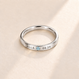 Custom Date & Name Birthstone Stacking Ring, March Aquamarine, Silver finish. Illustrative product rendering; natural gemstone colors may vary.