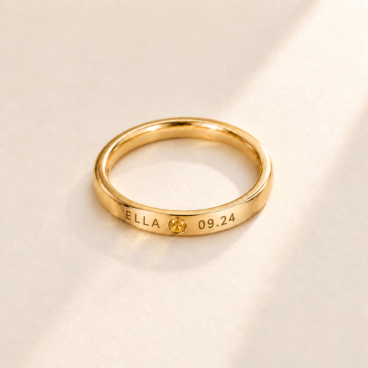 Custom Date & Name Birthstone Stacking Ring, November Citrine, Gold finish. Illustrative product rendering; natural gemstone colors may vary.
