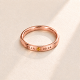 Custom Date & Name Birthstone Stacking Ring, November Citrine, Rose Gold finish. Illustrative product rendering; natural gemstone colors may vary.