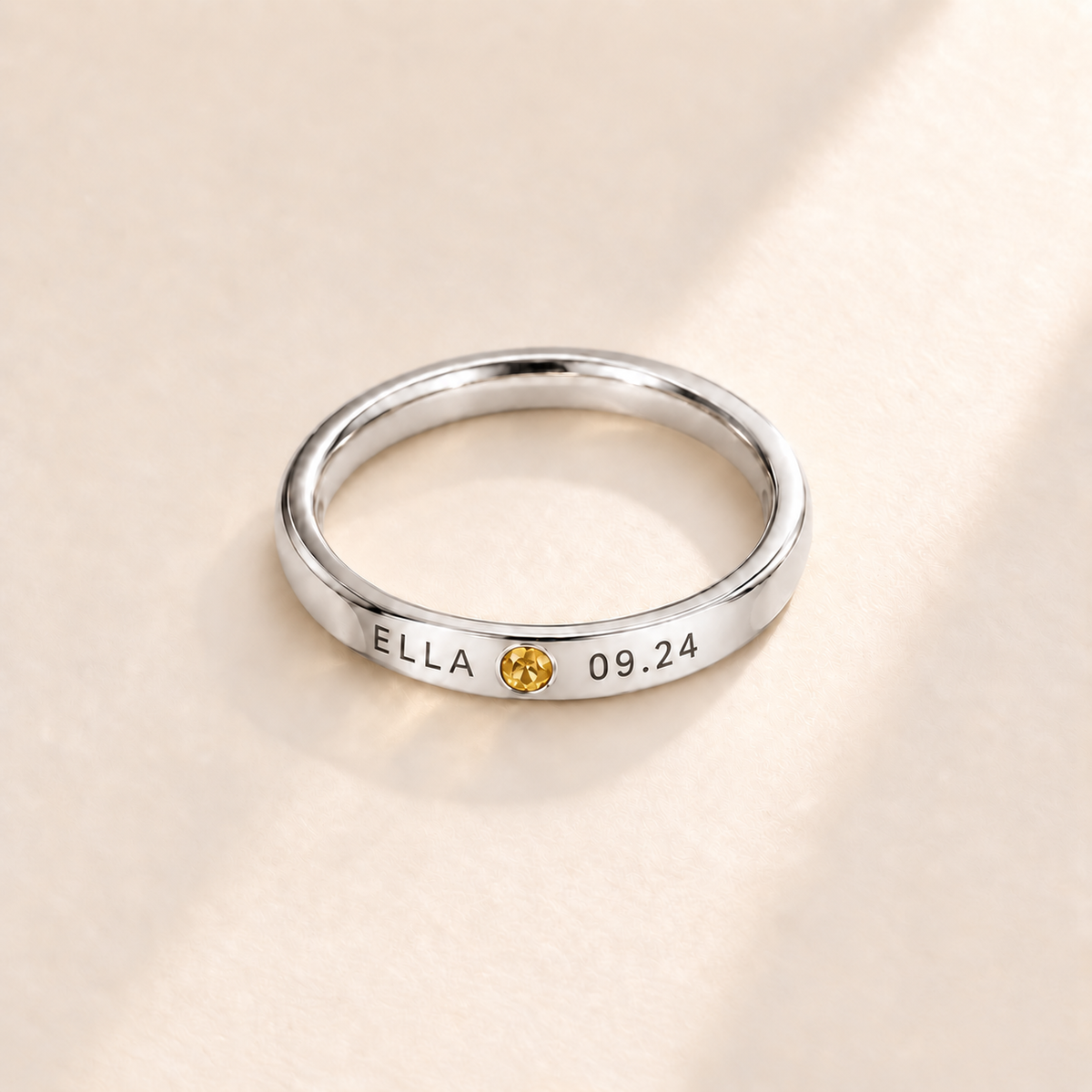 Custom Date & Name Birthstone Stacking Ring, November Citrine, Silver finish. Illustrative product rendering; natural gemstone colors may vary.