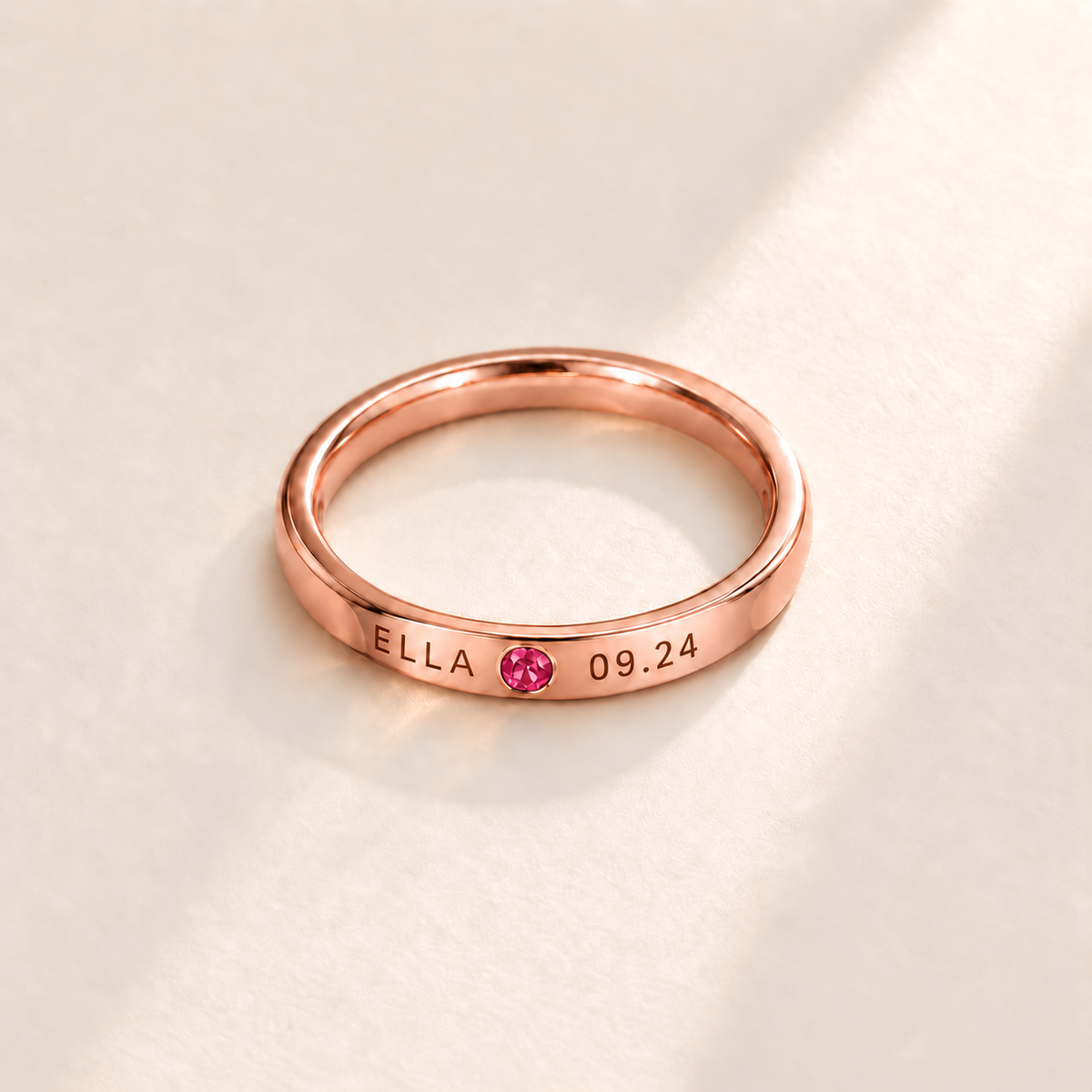 Custom Date & Name Birthstone Stacking Ring, October Tourmaline, Rose Gold finish. Illustrative product rendering; natural gemstone colors may vary.