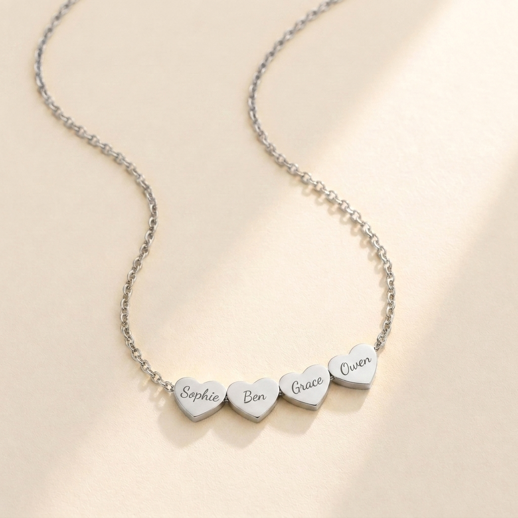 Generations Heart Necklace hero photo - silver multi-heart necklace engraved with Sophie, Ben, Grace and Owen Anthology Jewelry