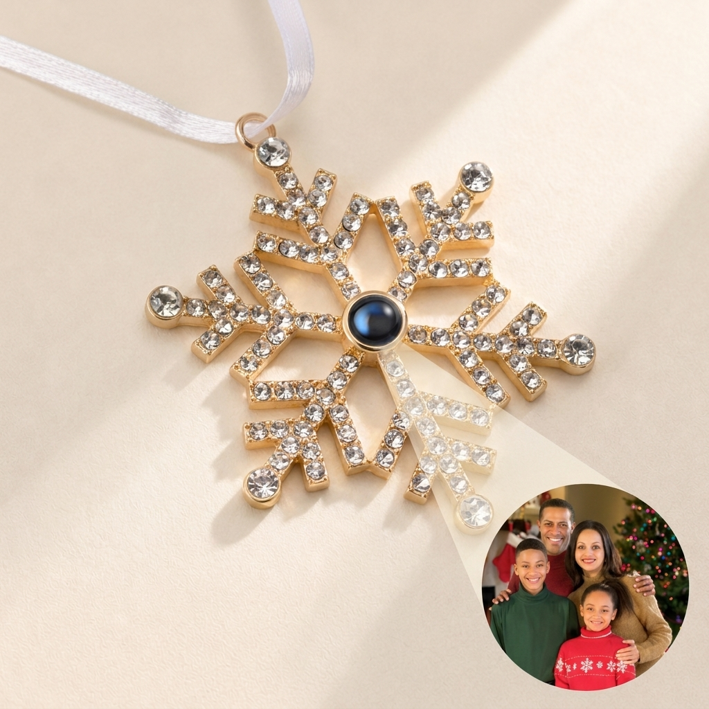 Limited Edition 2026 Snowflake Photo Ornament hero photo - gold crystal snowflake with photo projection stone Anthology Jewelry
