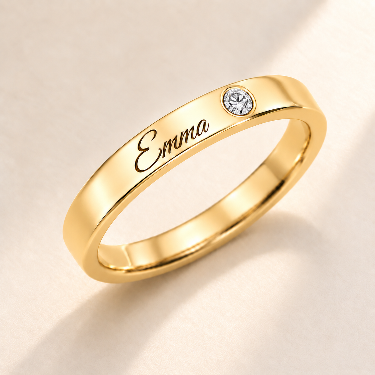Name Ring with Birthstone (Classic Band) variant photo - gold april birthstone and Emma engraving Anthology Jewelry