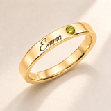 Name Ring with Birthstone (Classic Band) variant photo - gold august birthstone and Emma engraving Anthology Jewelry
