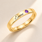 Name Ring with Birthstone (Classic Band) variant photo - gold february birthstone and Emma engraving Anthology Jewelry