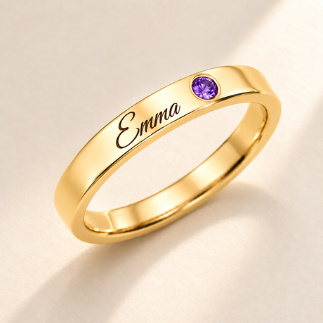 Name Ring with Birthstone (Classic Band) variant photo - gold february birthstone and Emma engraving Anthology Jewelry