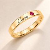 Name Ring with Birthstone (Classic Band) variant photo - gold july birthstone and Emma engraving Anthology Jewelry