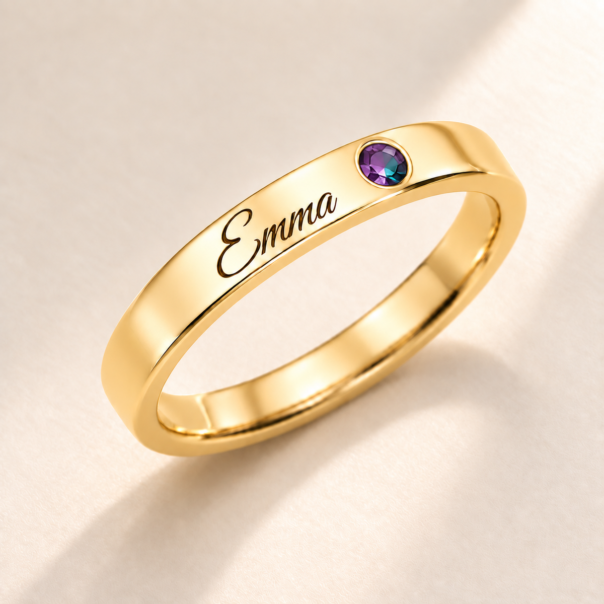 Name Ring with Birthstone (Classic Band) variant photo - gold june birthstone and Emma engraving Anthology Jewelry