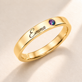 Name Ring with Birthstone (Classic Band) variant photo - gold june birthstone and Emma engraving Anthology Jewelry