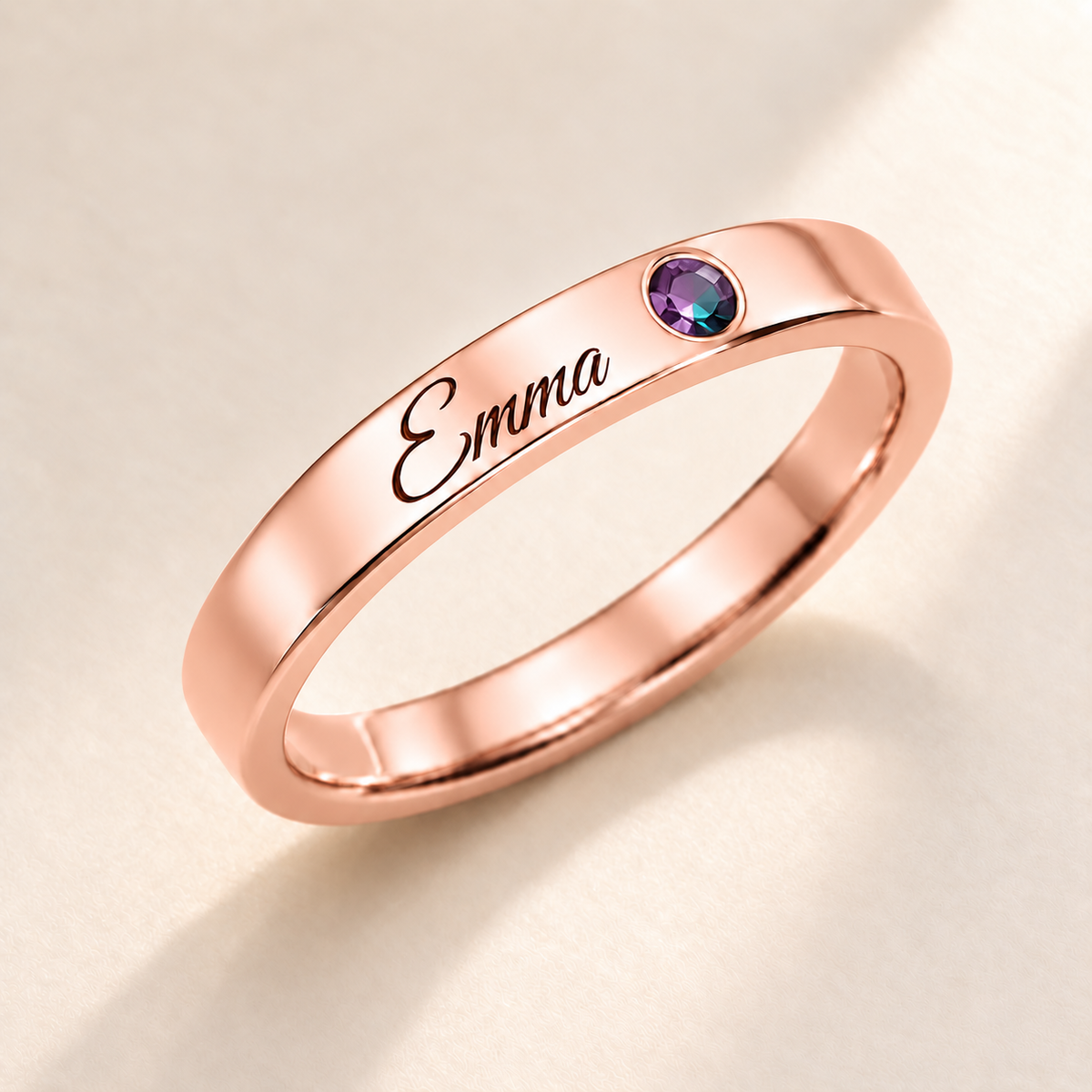 Name Ring with Birthstone (Classic Band) variant photo - rose gold june birthstone and Emma engraving Anthology Jewelry