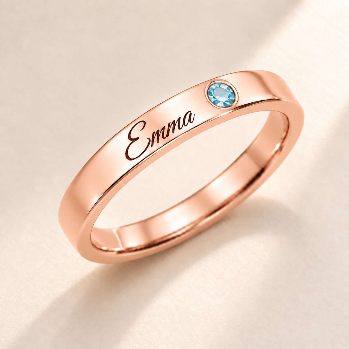 Name Ring with Birthstone (Classic Band) variant photo - rose gold march birthstone and Emma engraving Anthology Jewelry