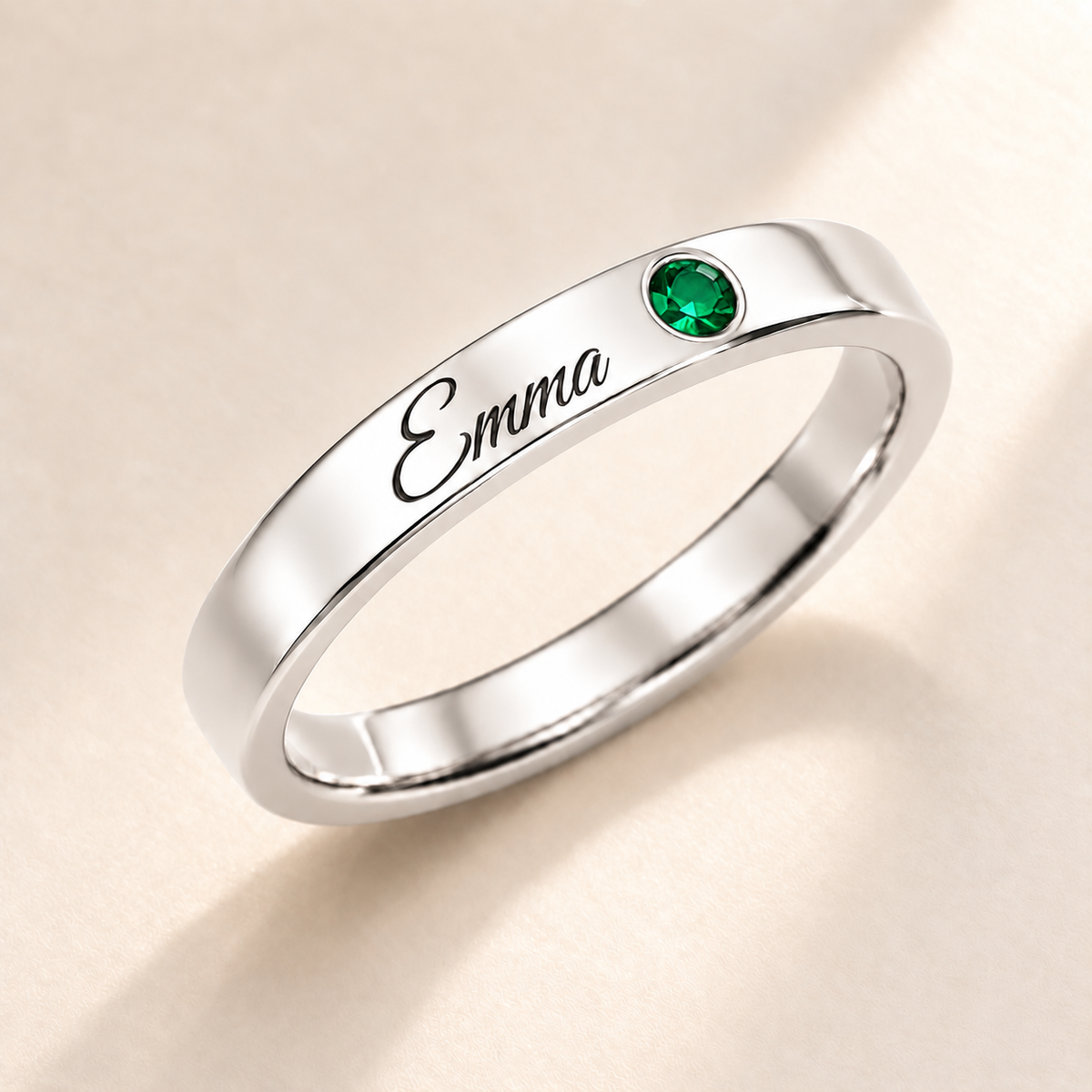 Name Ring with Birthstone (Classic Band) variant photo - silver may birthstone and Emma engraving Anthology Jewelry