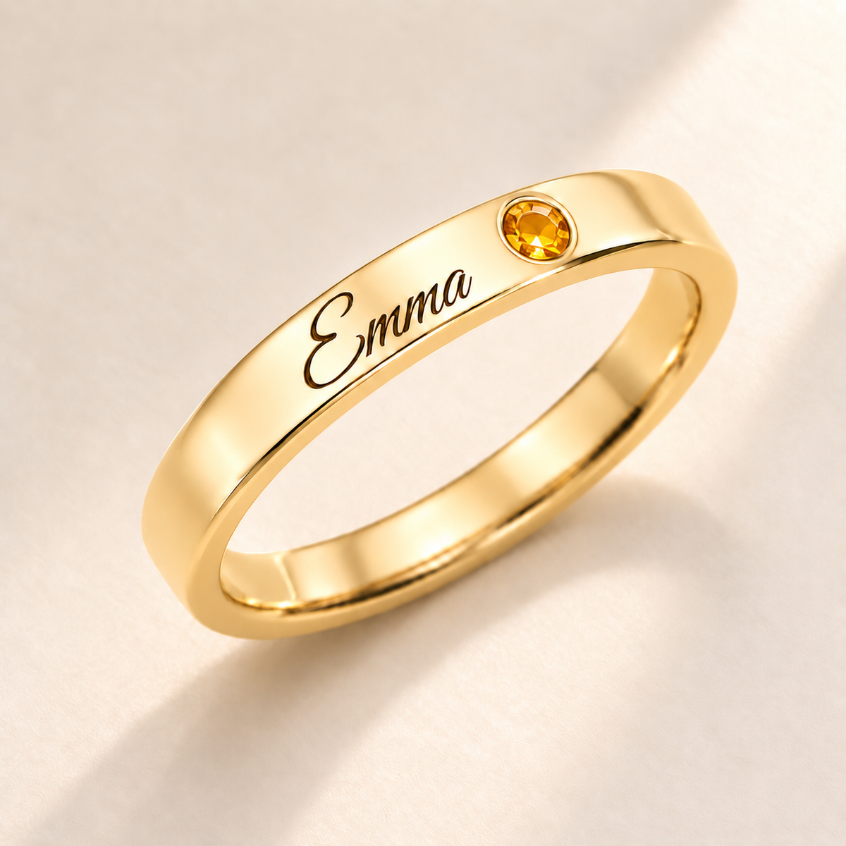 Name Ring with Birthstone (Classic Band) variant photo - gold november birthstone and Emma engraving Anthology Jewelry