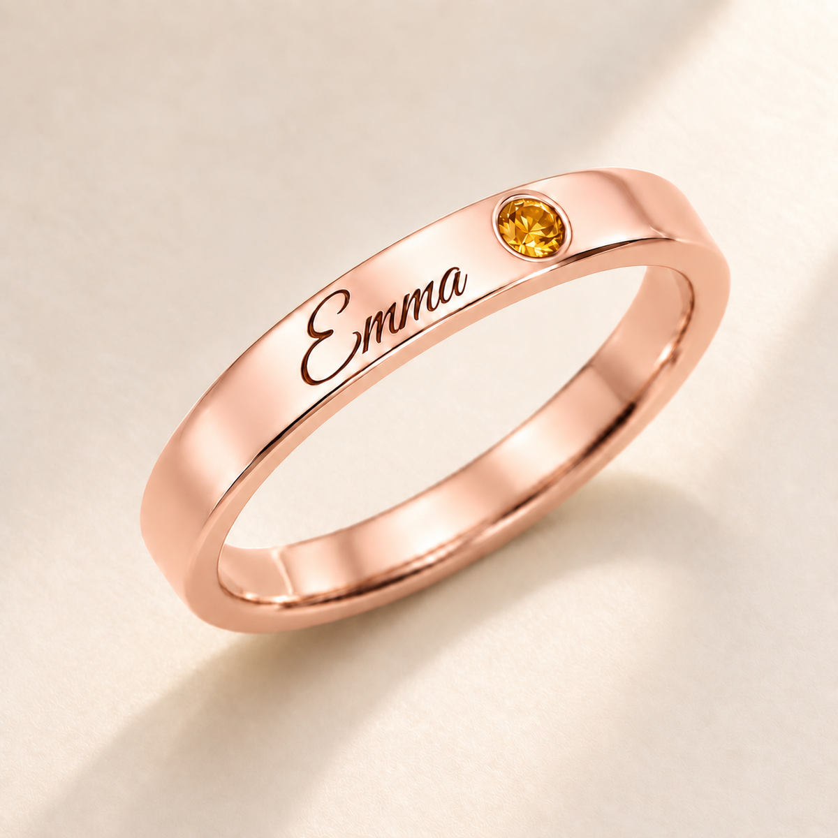 Name Ring with Birthstone (Classic Band) variant photo - rose gold november birthstone and Emma engraving Anthology Jewelry