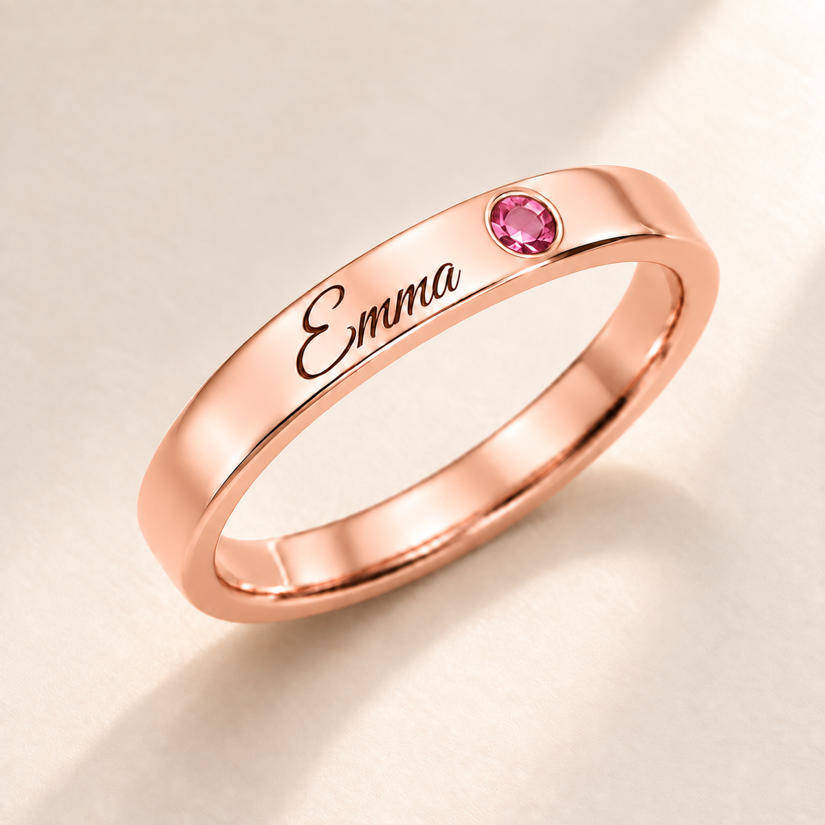 Name Ring with Birthstone (Classic Band) variant photo - rose gold october birthstone and Emma engraving Anthology Jewelry